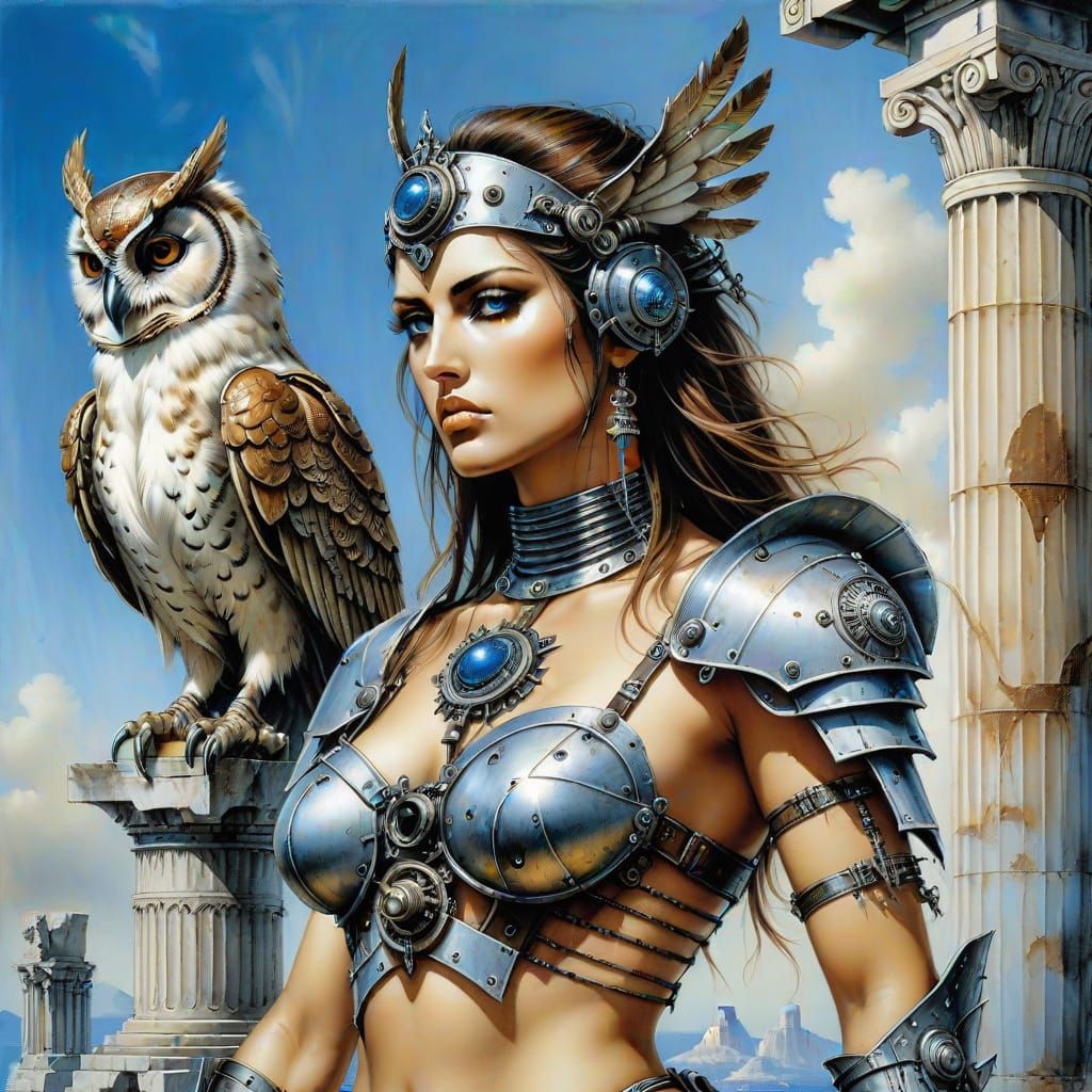 Athena and Steampunk Owl Portrait in Dark Fantasy Style