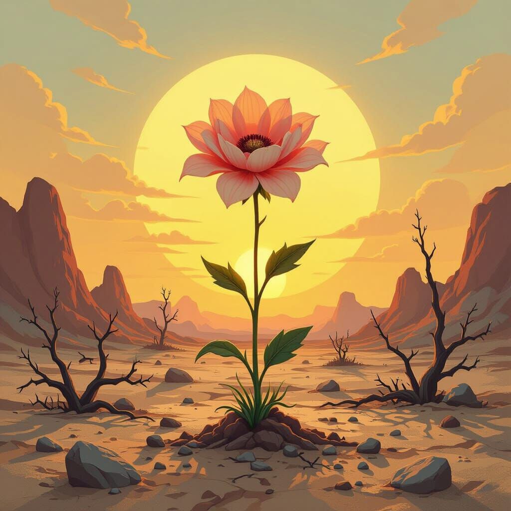 Vibrant Flower Blooms in Barren Landscape, Surreal Art