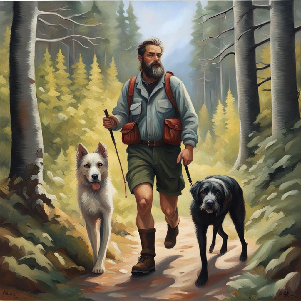 Bearded Man Hiking with Dog: Oil Painting