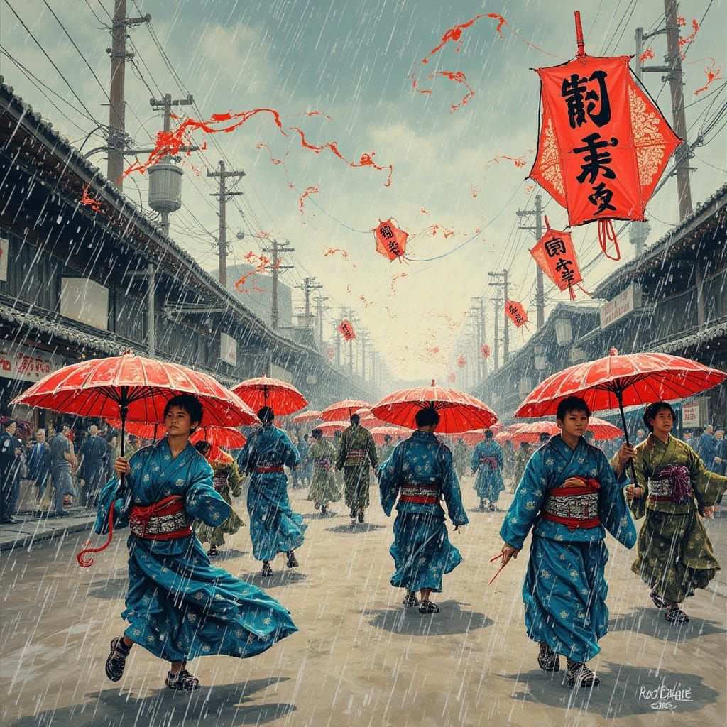 Vibrant Stormy Night in Traditional Japanese Style