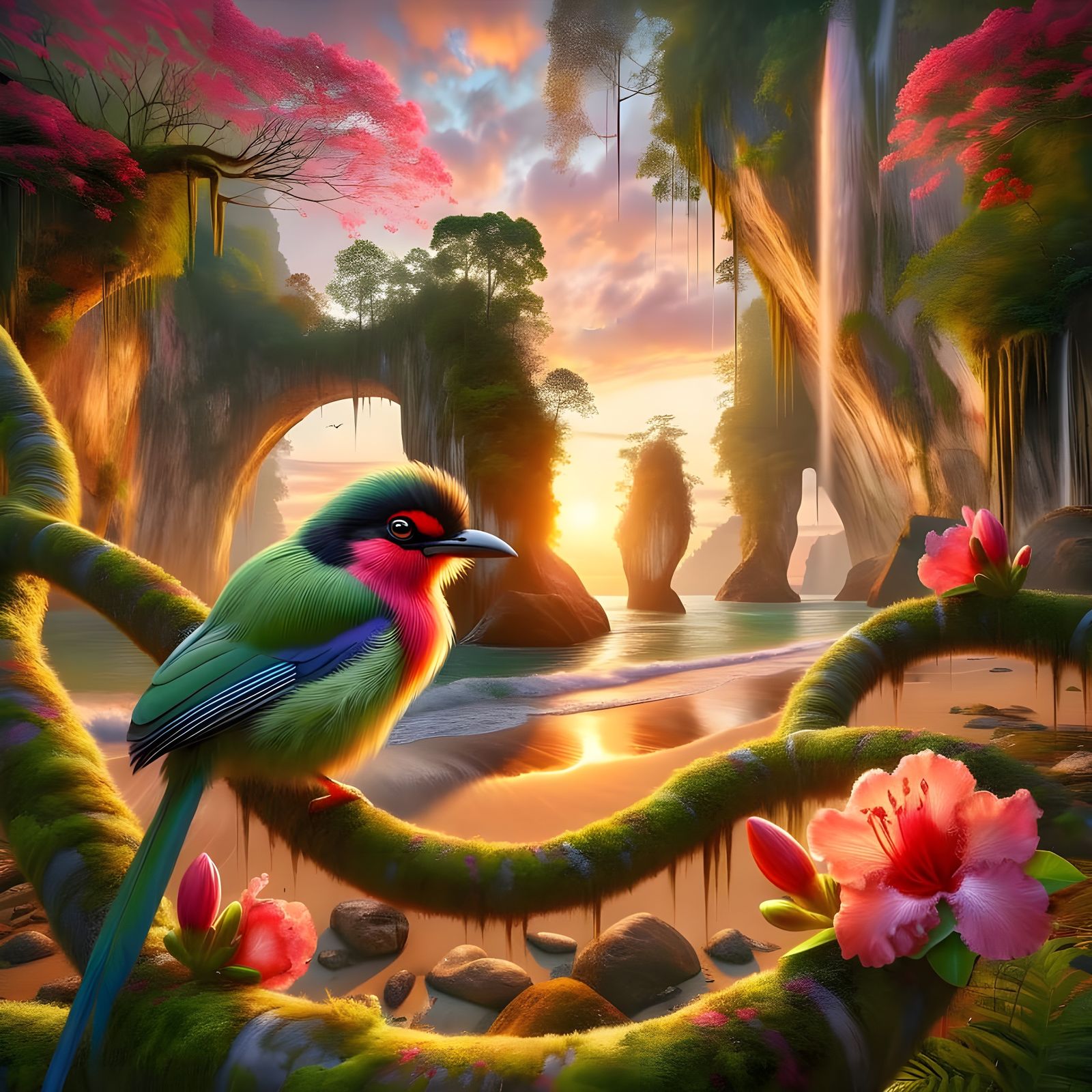 Vibrant Oil Painting of a Tropical Magpie at Sunset