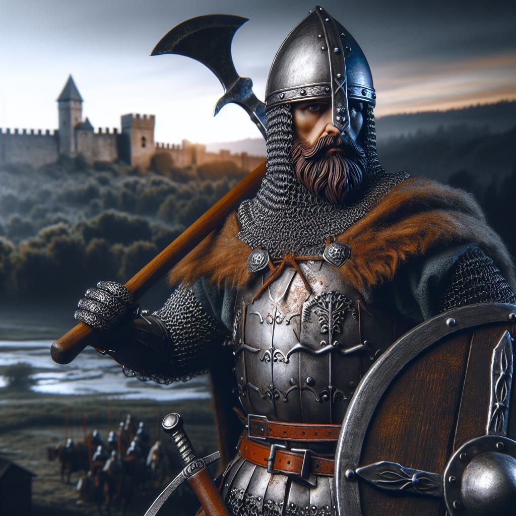 Medieval Warrior with Axe and Shield at Dusk
