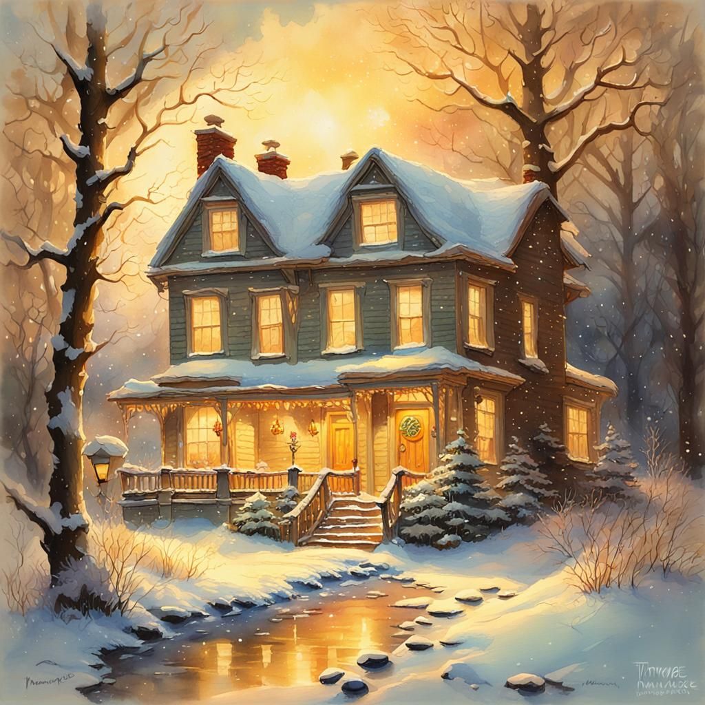 Winter House in Golden Light, Watercolor Style