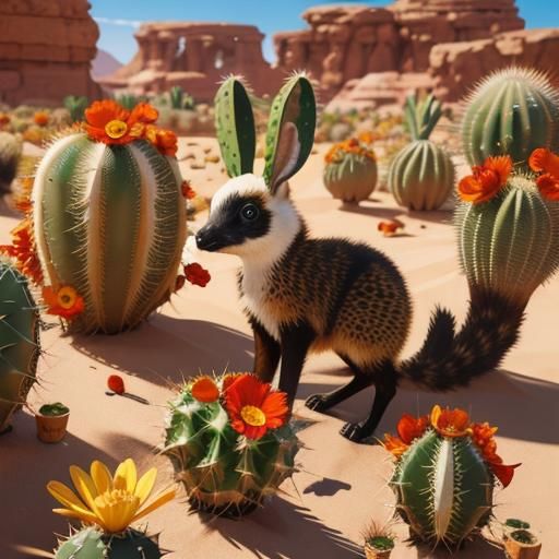 Desert Jackrabbit with Blooming Cactus, Digital Art