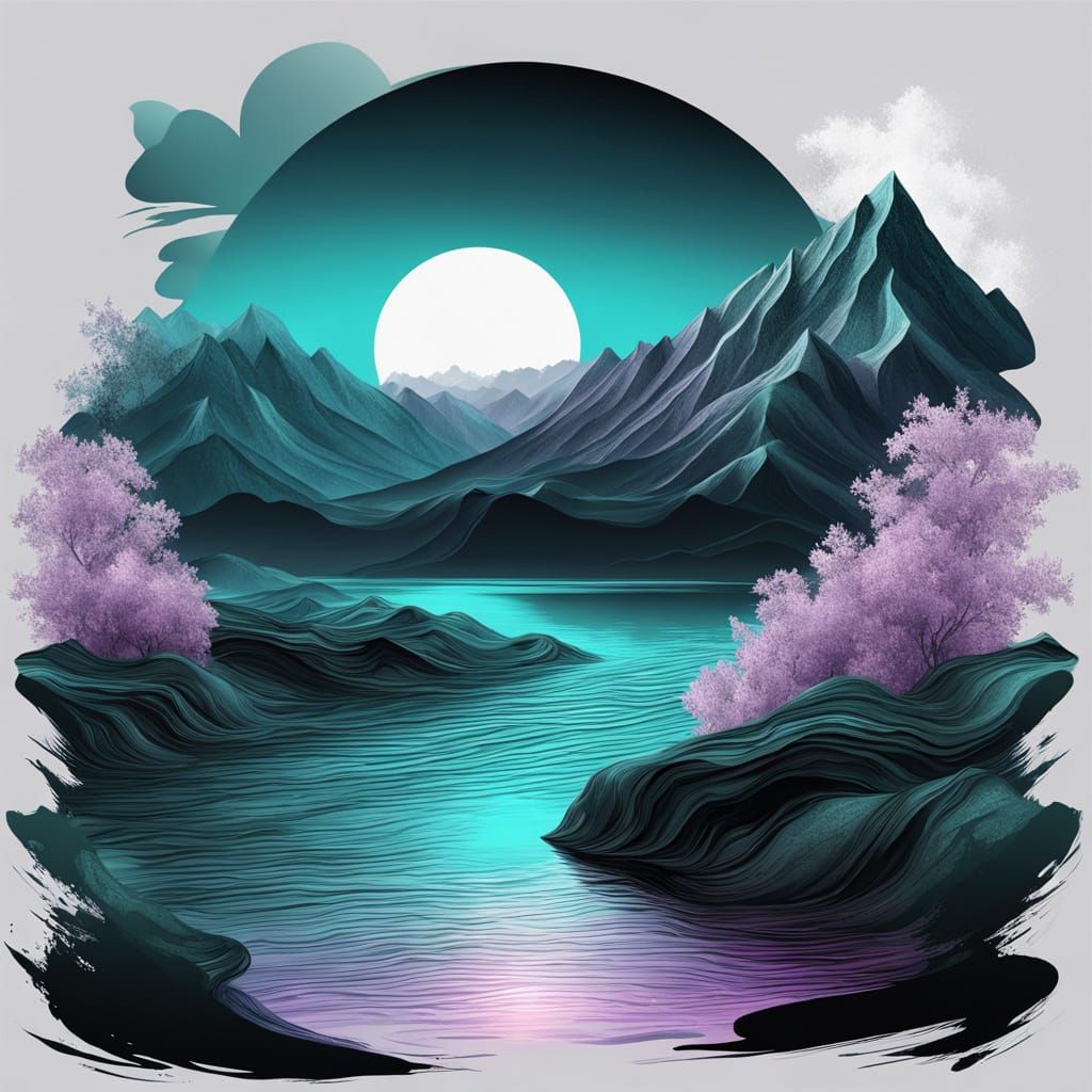 Dreamy Turquoise Lake Scene with Lilac Sunset