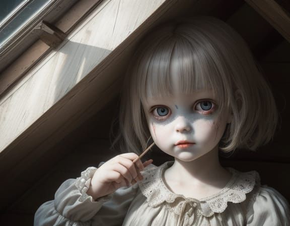 Creepy Doll in Dusty Attic: Childlike Art Style