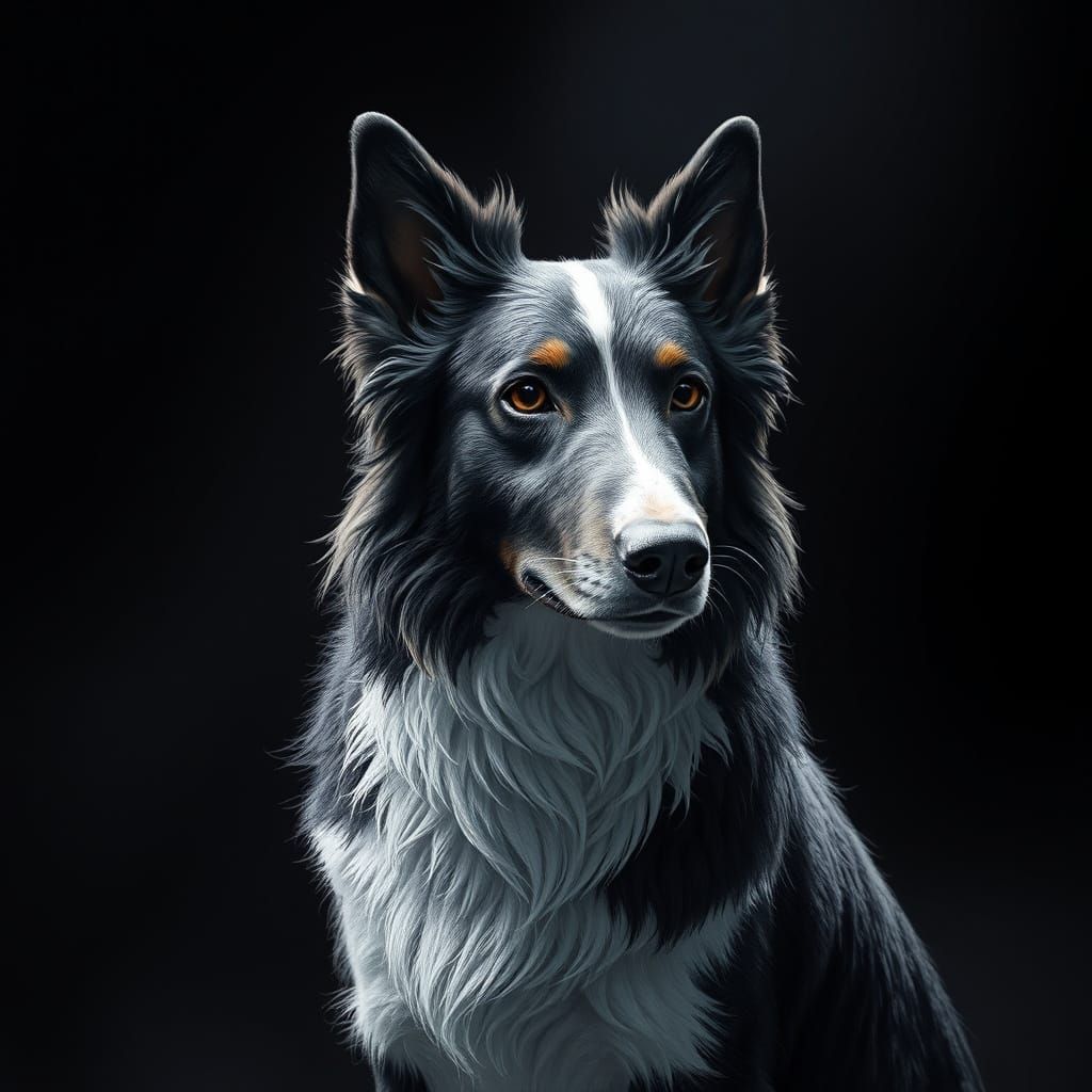 Pencil sketch of a portrait of a border collie dog.