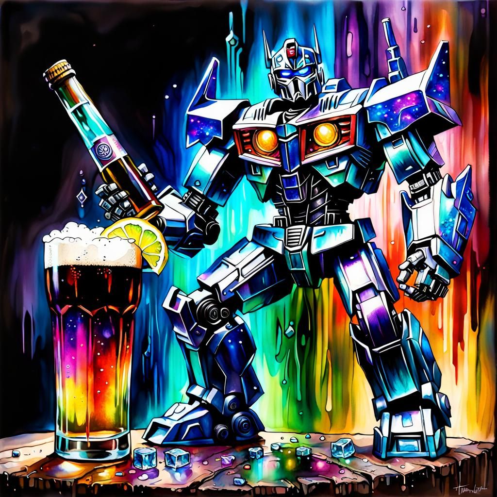 Ethereal Transformers in Whimsical Beer Scene