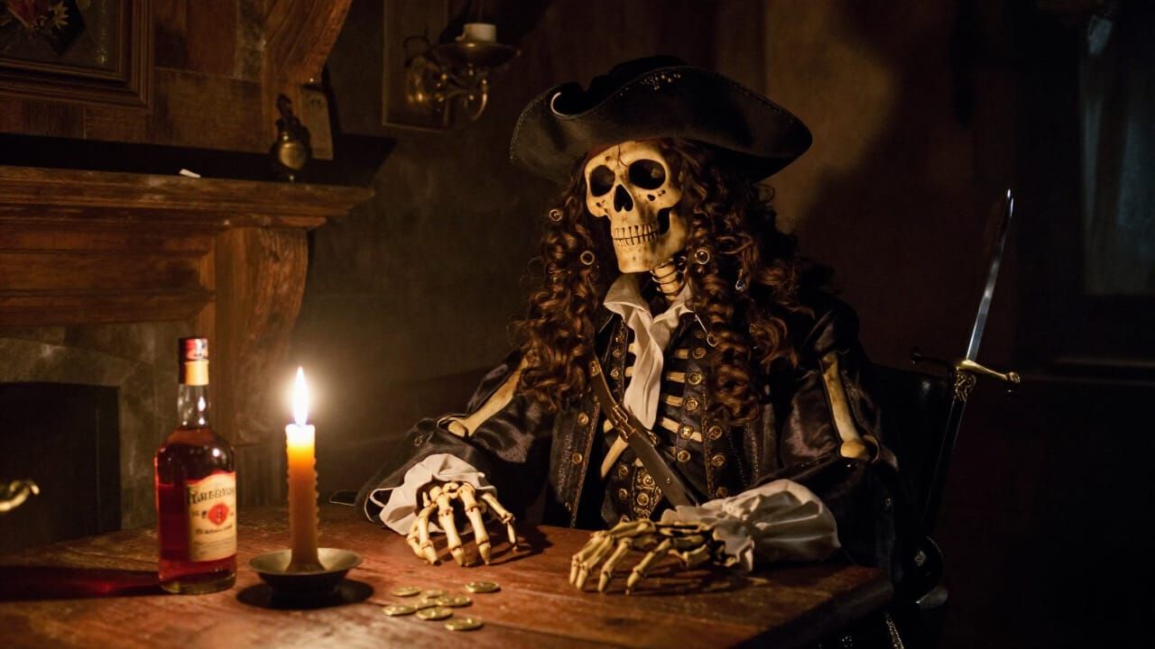 Pirate Skeleton at Tavern Table in Dramatic Realism