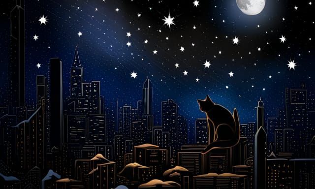 Golden Stars, Starbursts, and Cat Under Night Sky