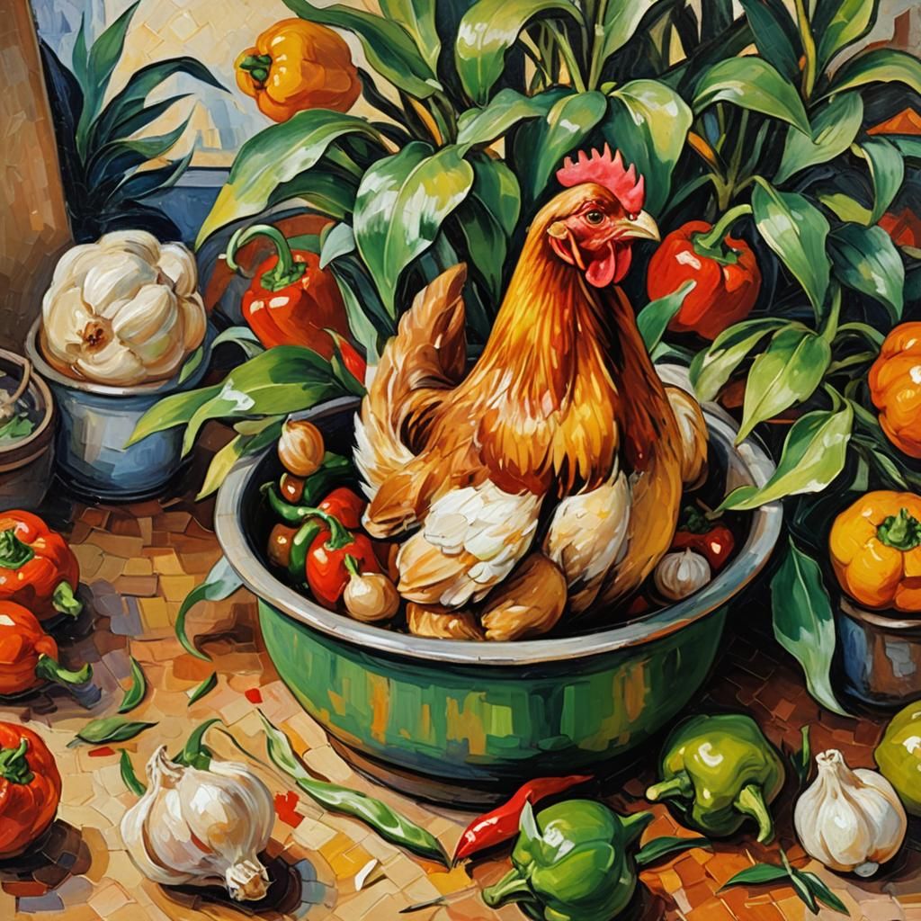 Expressionist Chicken with Garlic in Neo-Impressionism Style