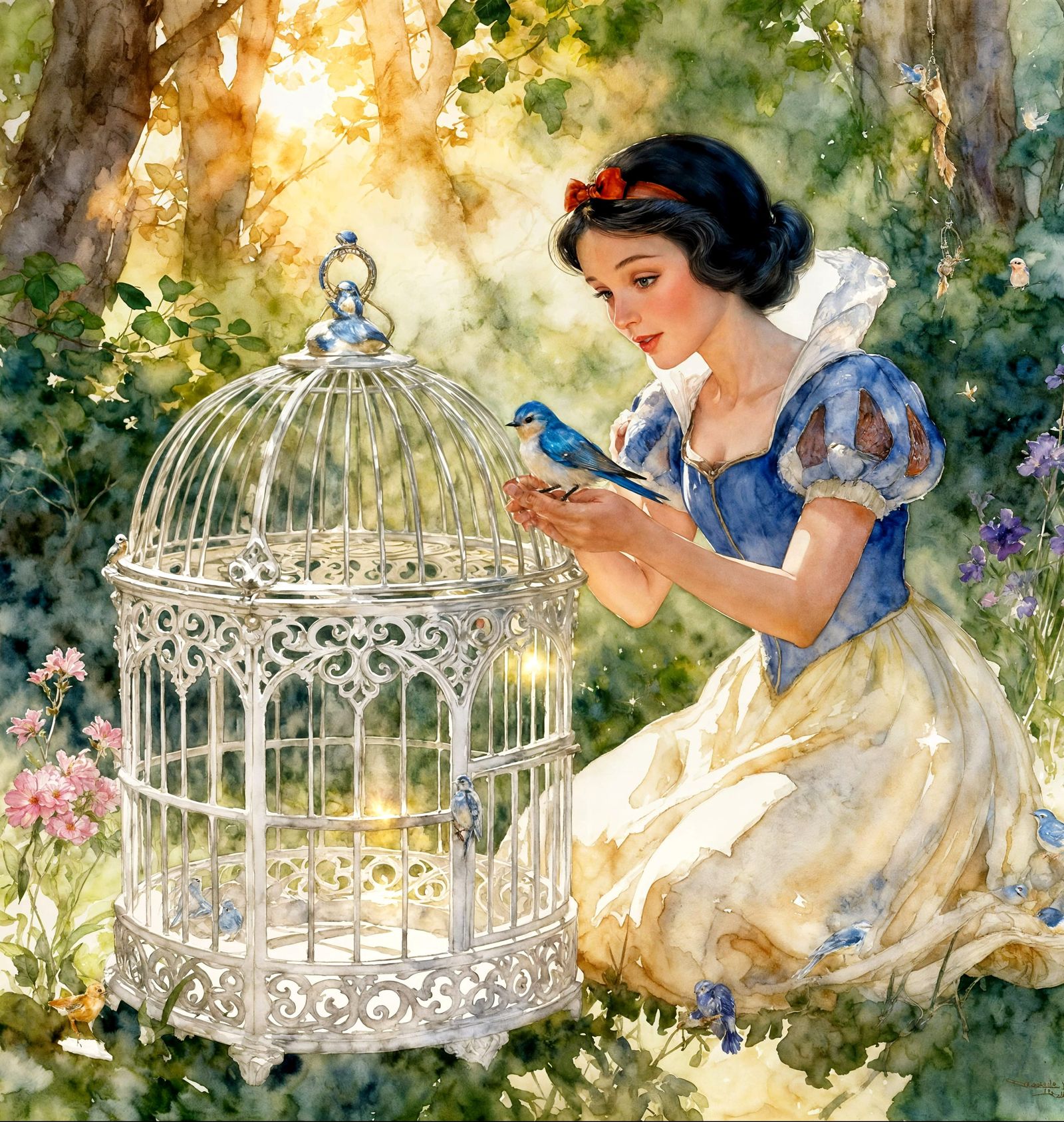 Snow White Frees Bluebird From Ornate Cage in Forest