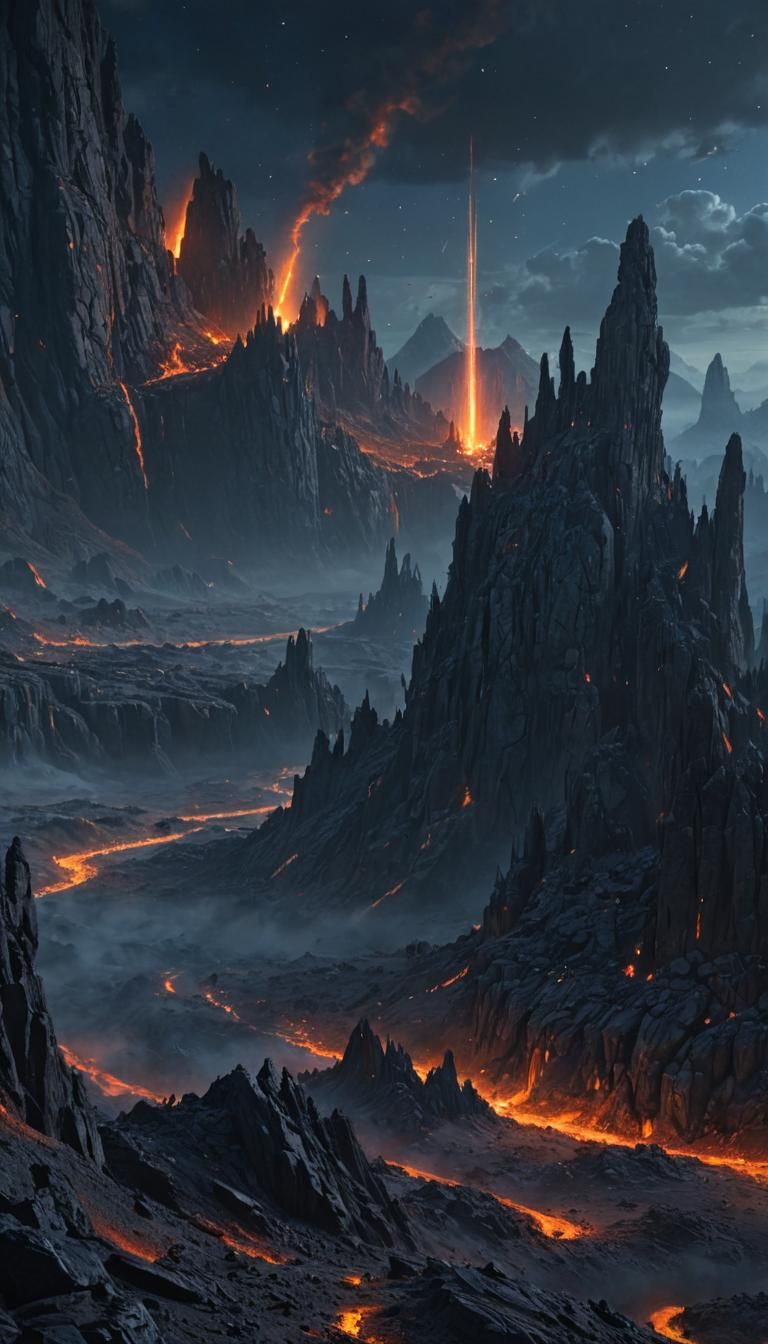 Fantasy Landscape with Glowing Embers and Rock Formations