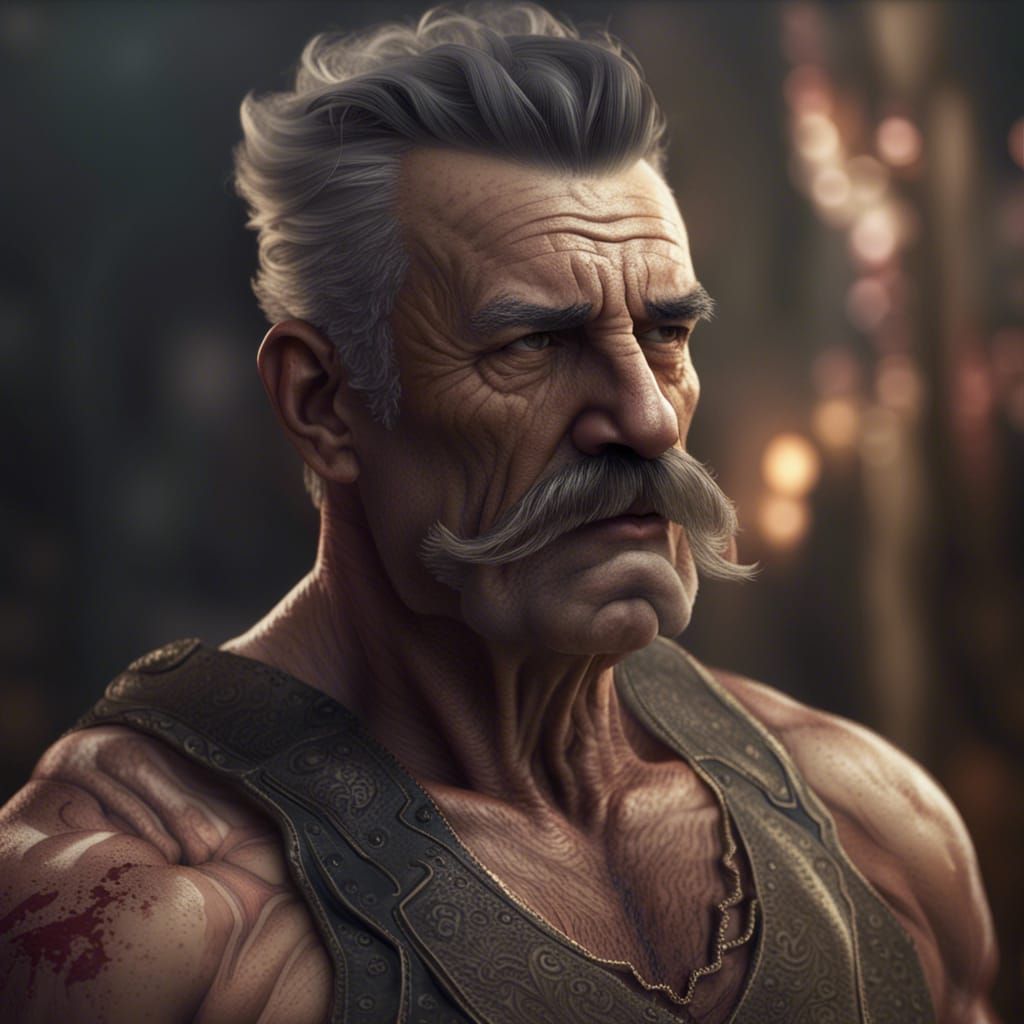Detailed Matte Painting of Muscular Moustache Man