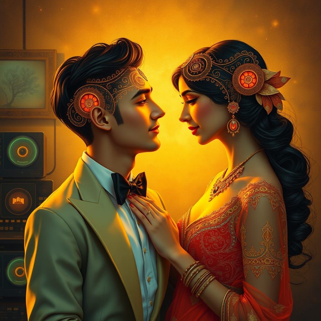 Lovers Exchange Neural Implants in Romantic Art Style