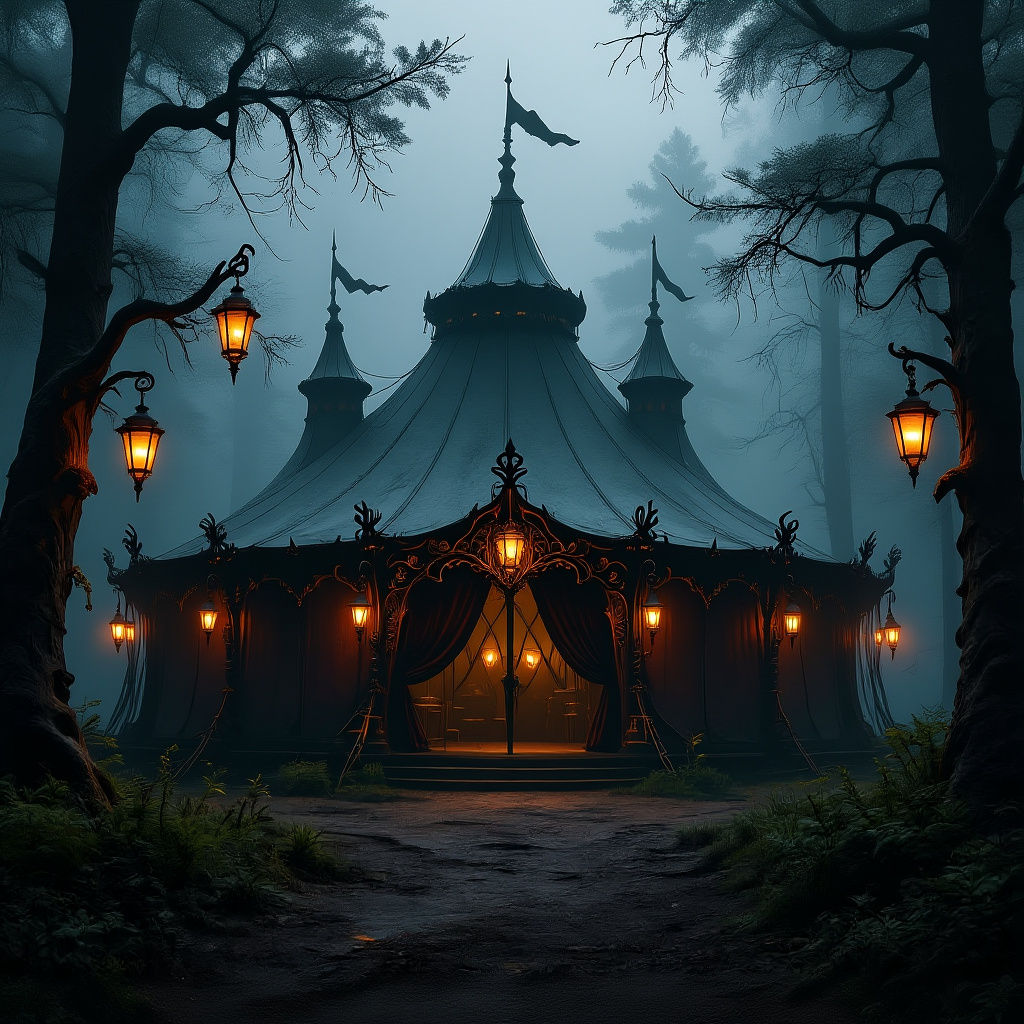 Gothic Circus Tent in Deep Forest, Detailed Matte Painting