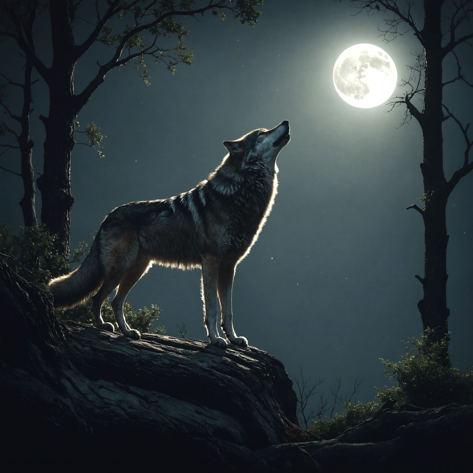 Wolf Howling at Moon in Ethereal Moonlight