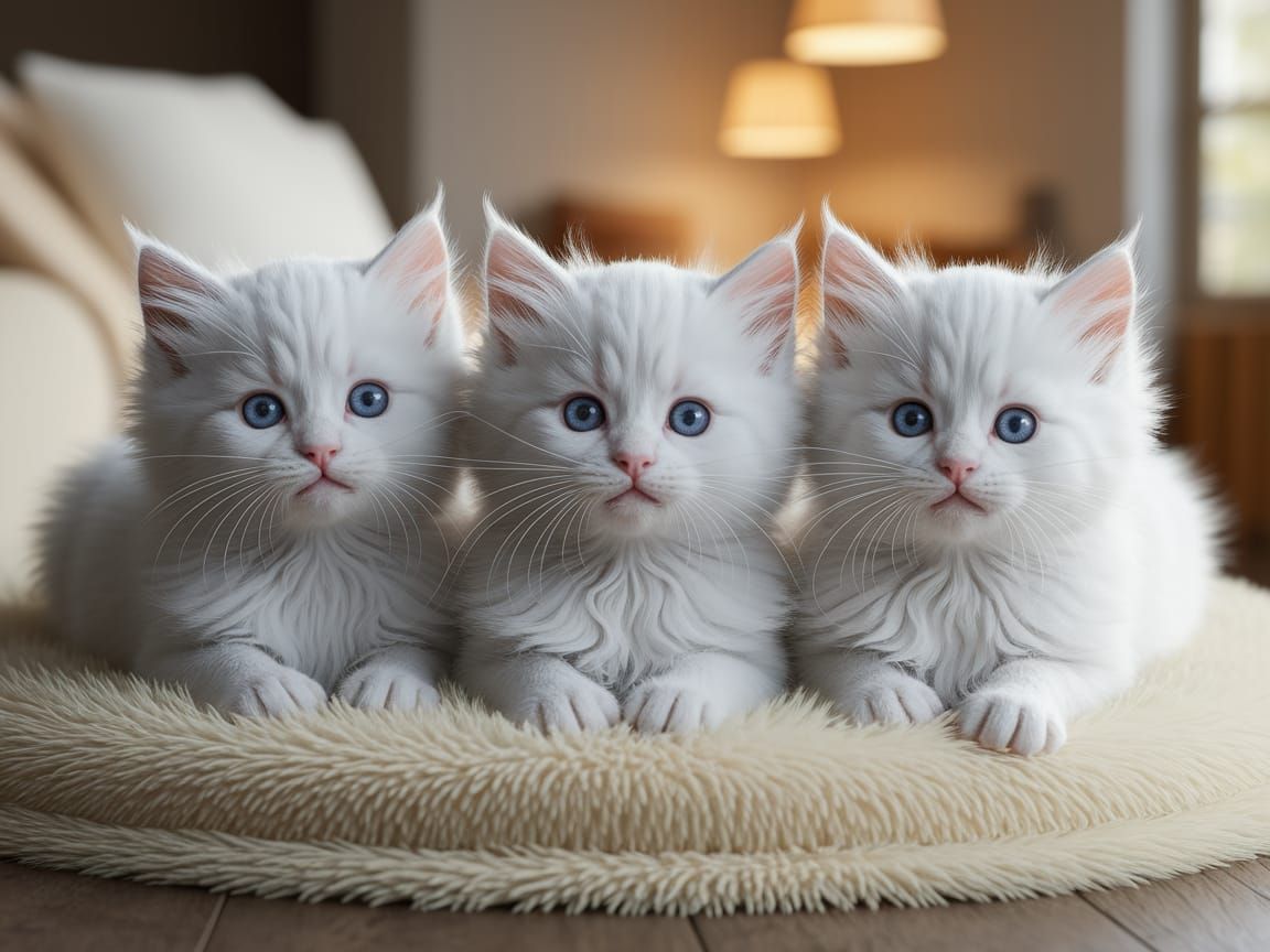 Three Adorable Kittens Snuggle on Cream-Colored Blanket