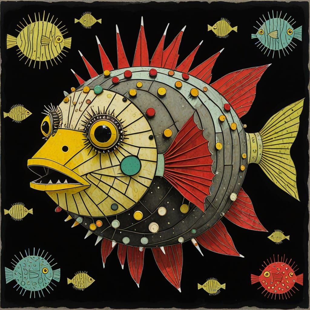 Puffer Fish King in Mixed Media Collage