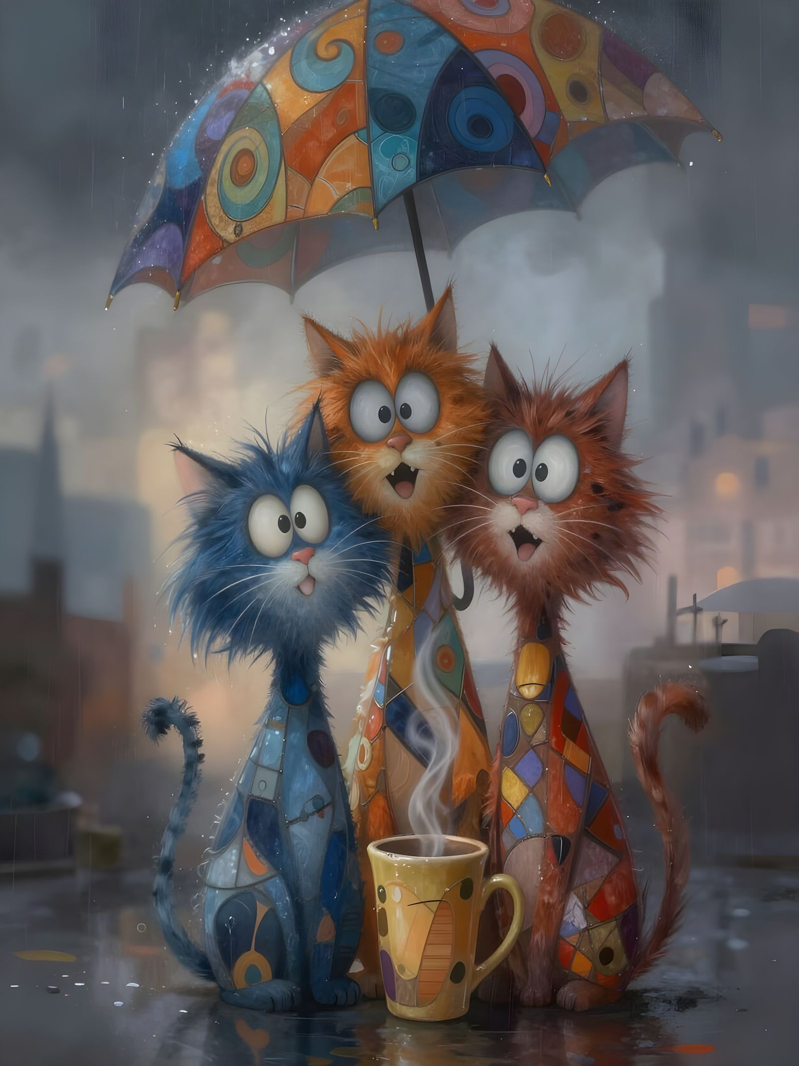 Cartoon Cats Share Cozy Moment Under Swirling Umbrella