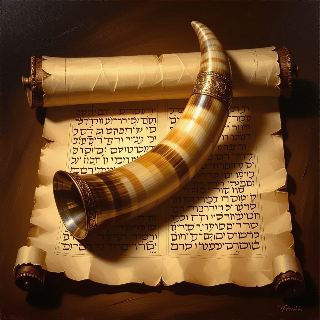 Shofar on Torah Scroll: A Sacred Oil Painting