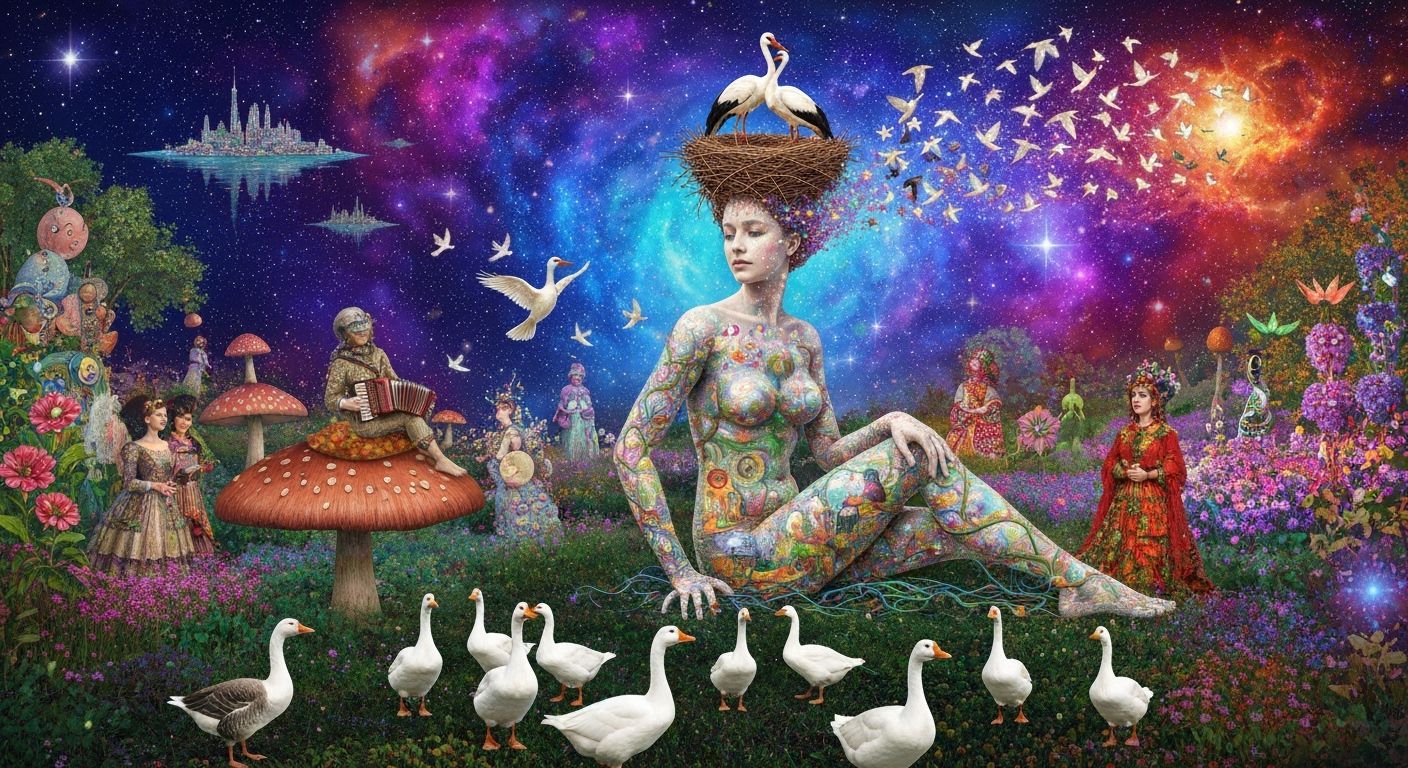 Ethereal Woman's Mindscape of Glowing Birds and Cosmic Energ...