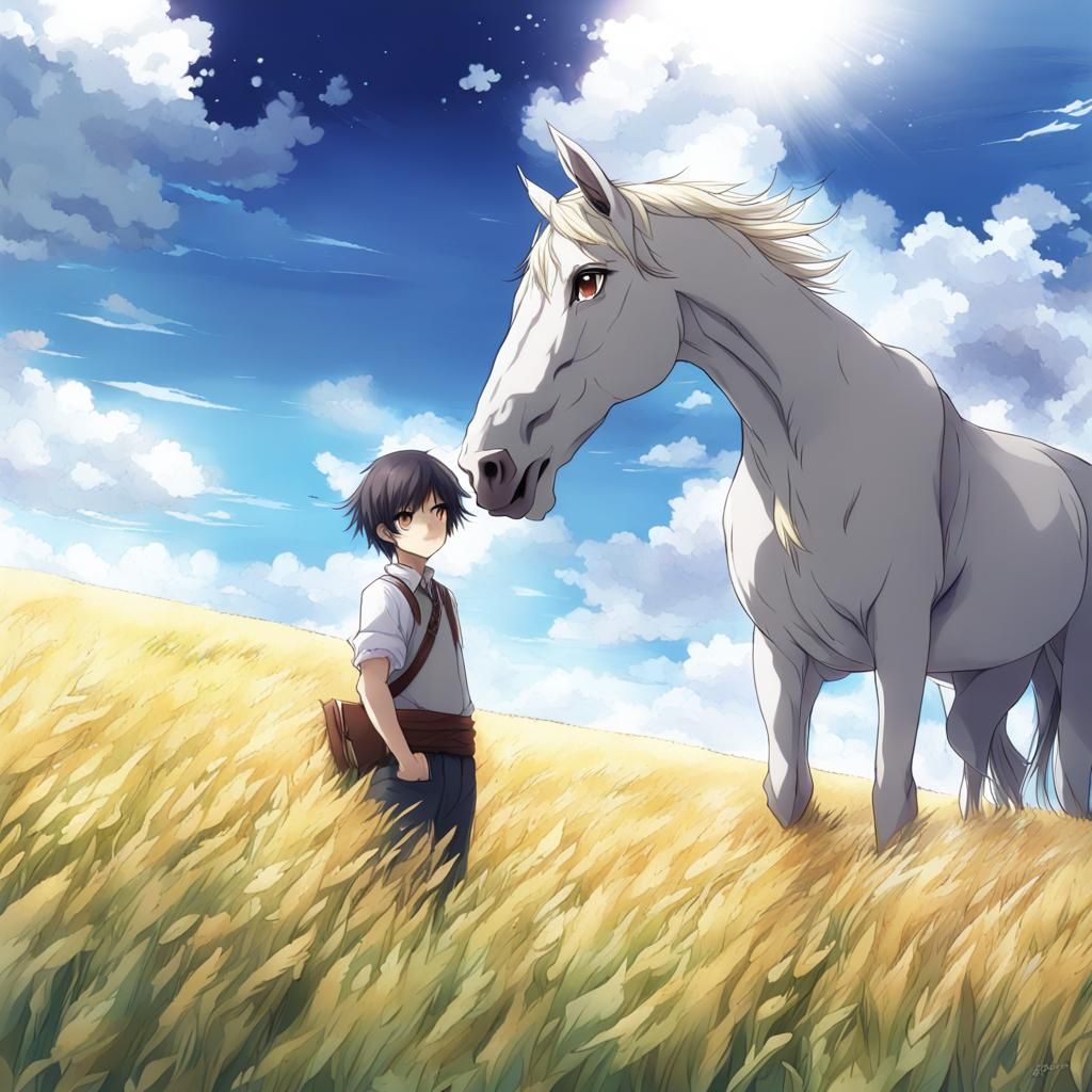 Anime Style Horse and Boy in Field