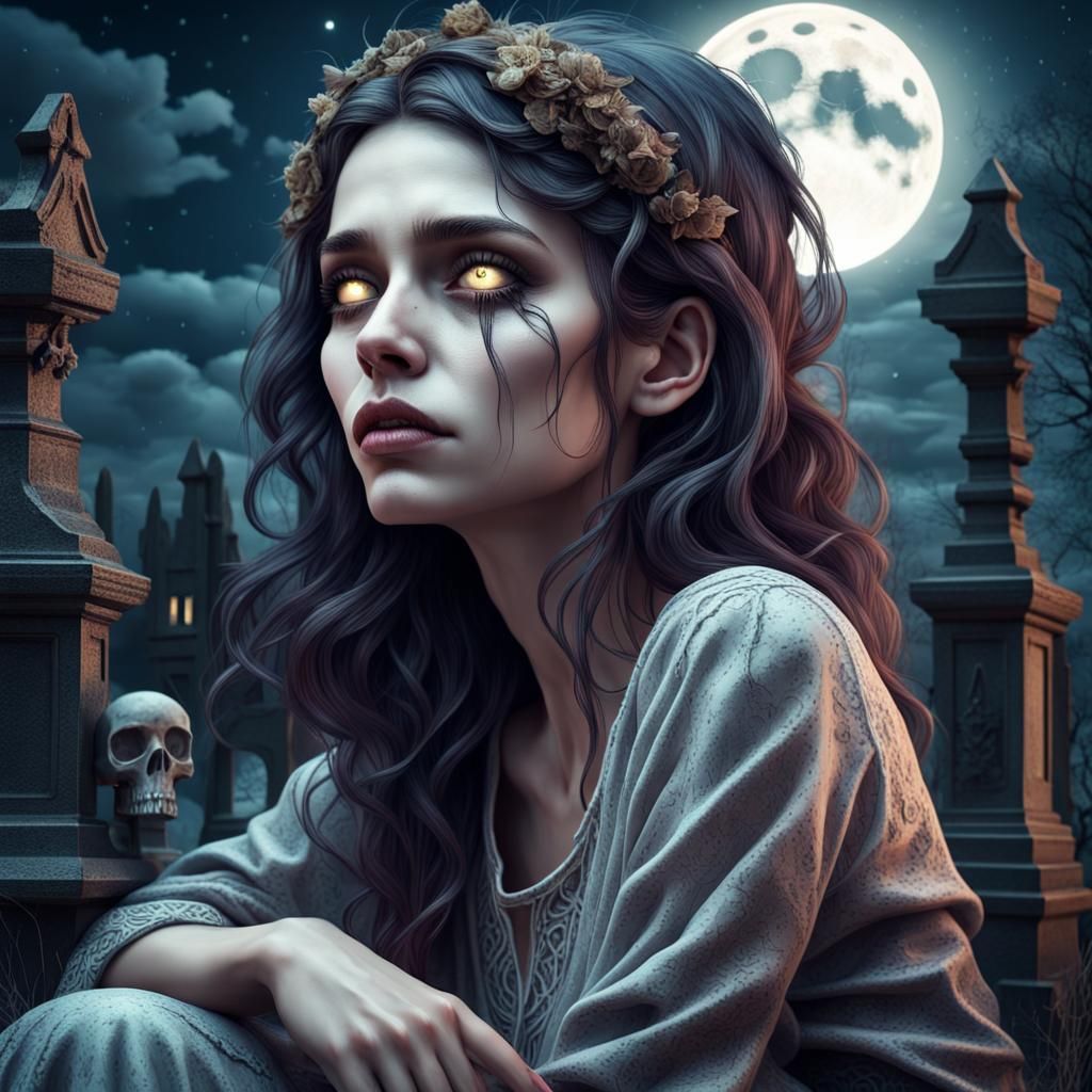 Sad Woman in Spooky Graveyard: Surreal 16k Masterpiece
