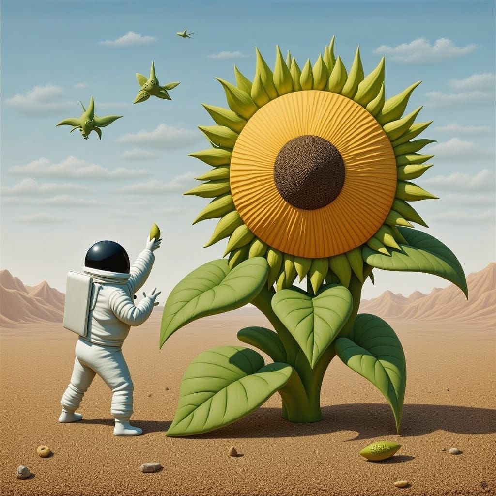 Astronaut Tending to Giant Sunflower in Desert Landscape