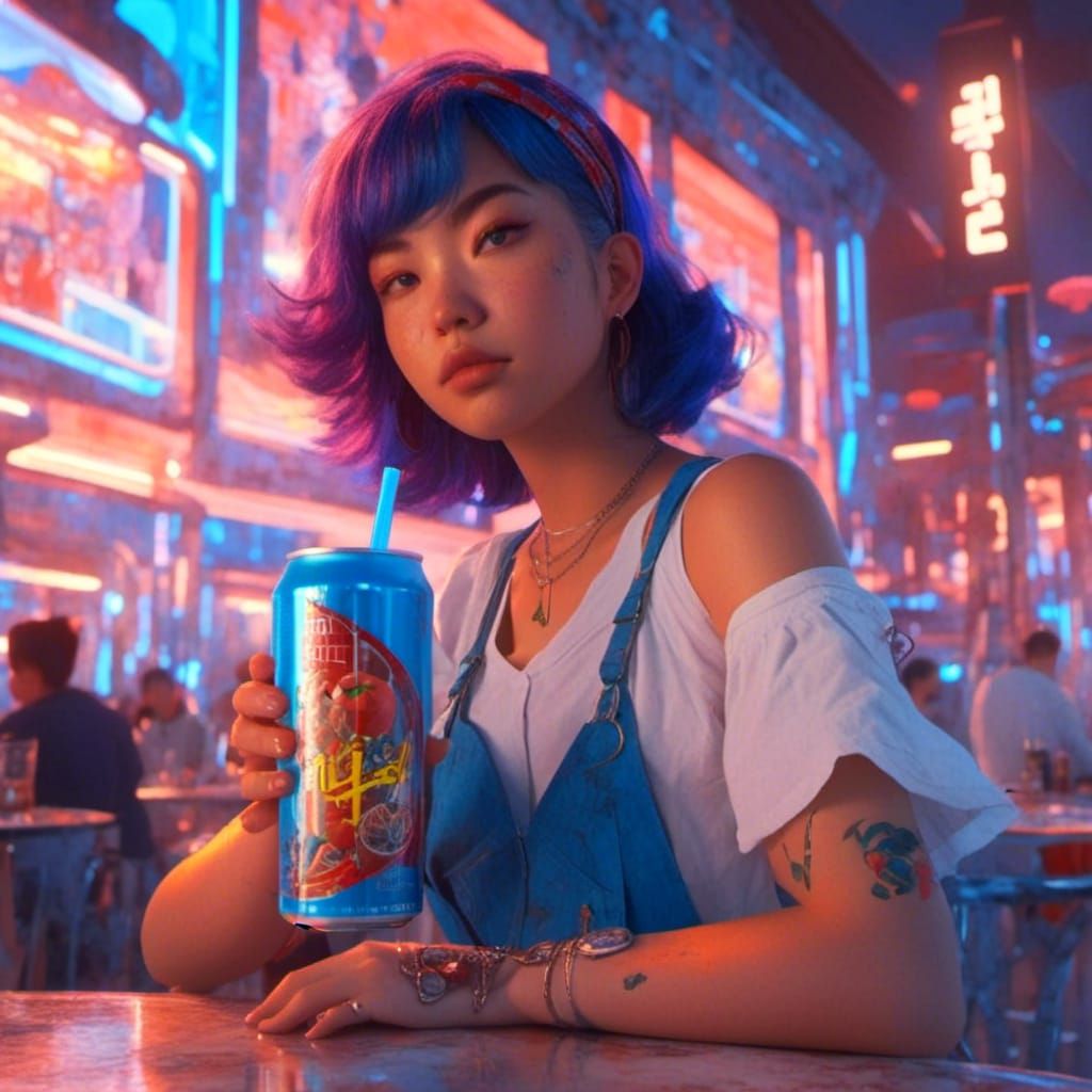 Cyberpunk Anime Woman with Tattoo and Drink