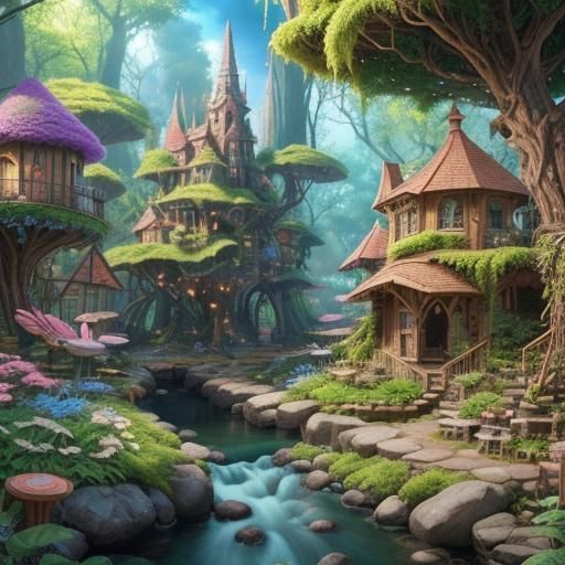 Enchanted Forest Urban Sketch with Fairy Village