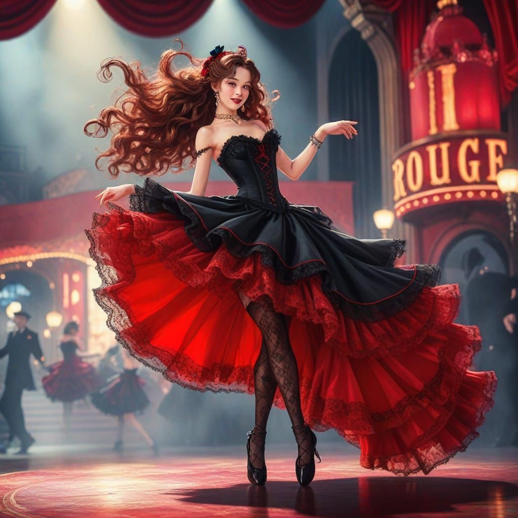 Elegant Moulin Rouge Dancer in Anime Style