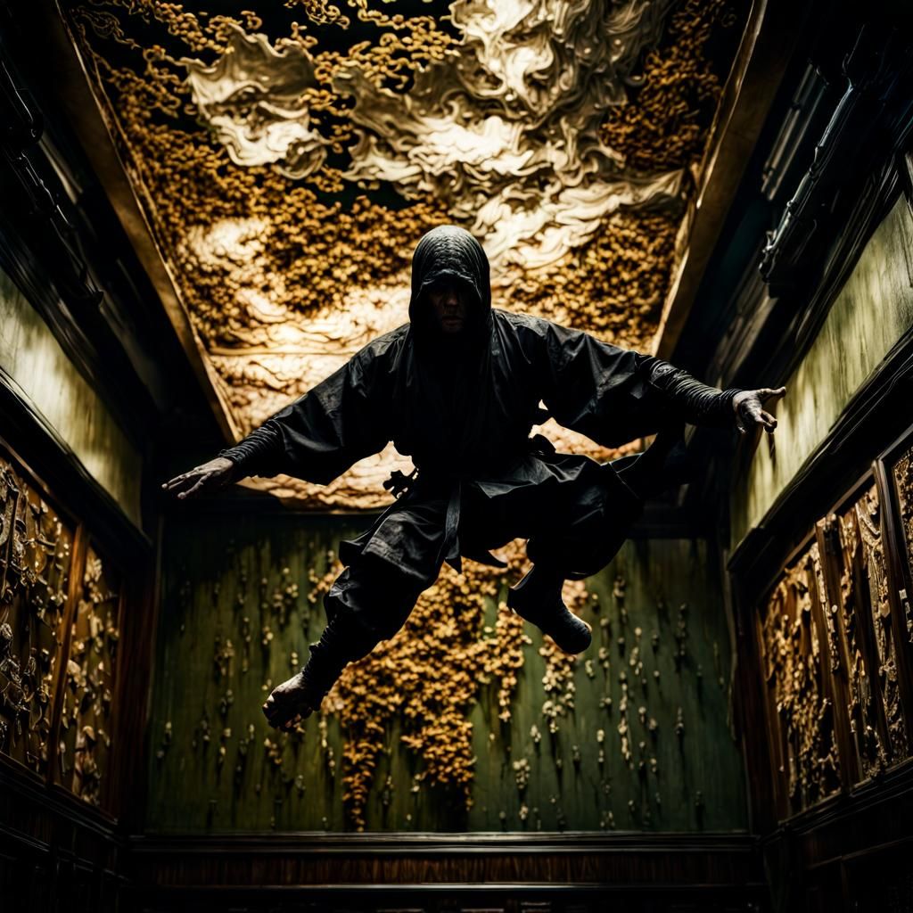 Upside-Down Ninja in Stealthy Camouflage, Hyperrealistic Pho...