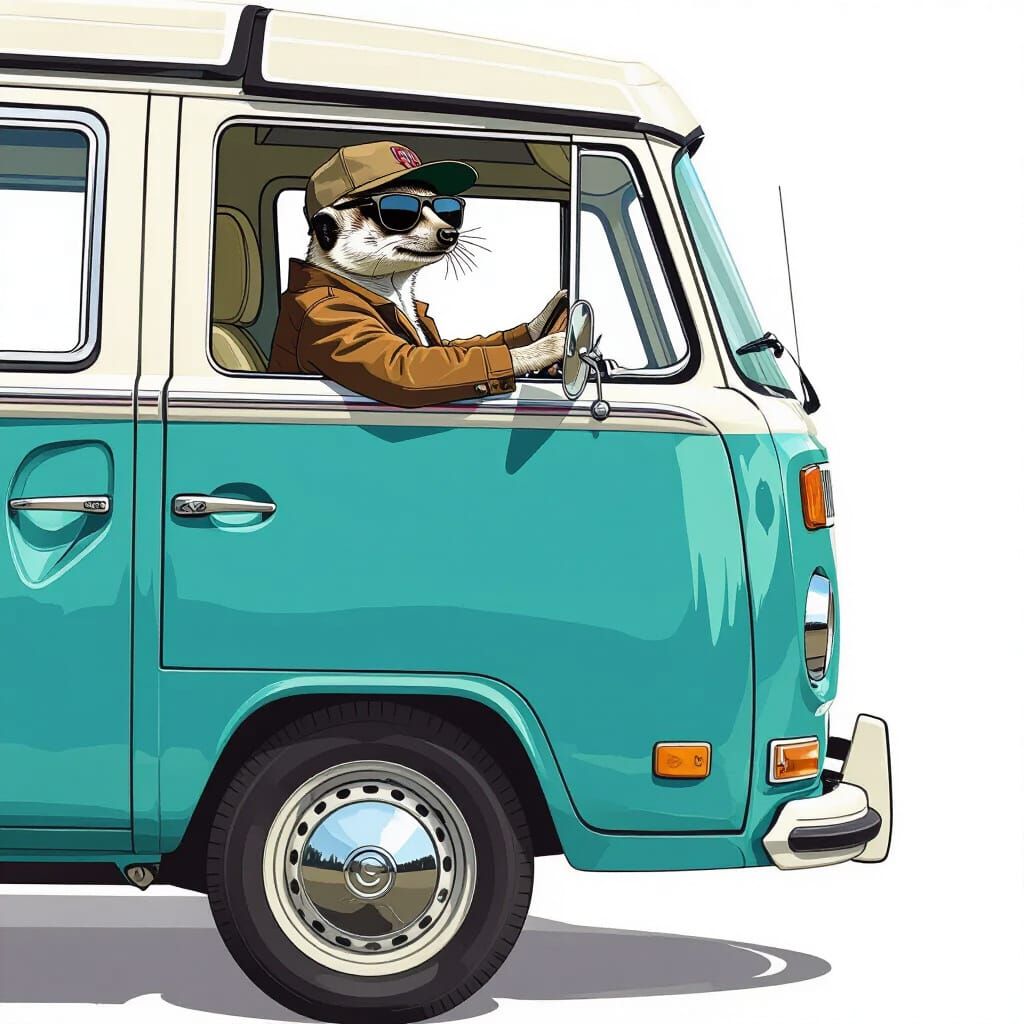 Vintage VW Camper Van Driven By Cool Meerkat, Cartoon Style