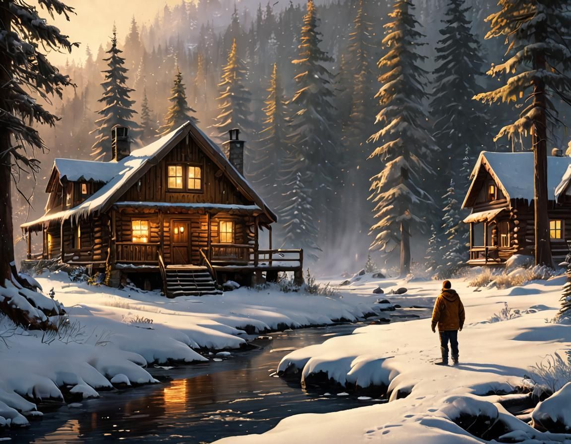 Cozy Winter Cabin in Realistic Digital Painting