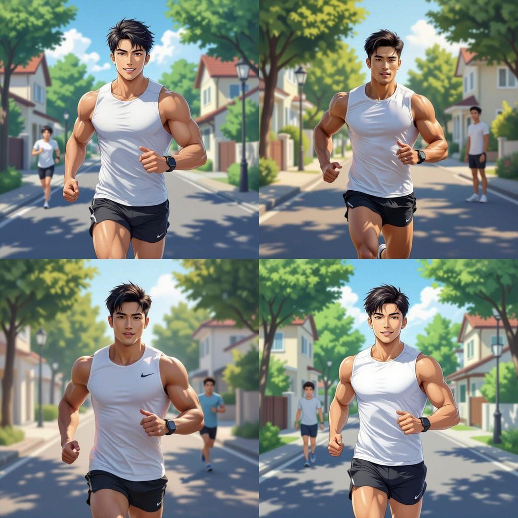 Muscular Thai Man Jogging in Morning Light, Anime Style