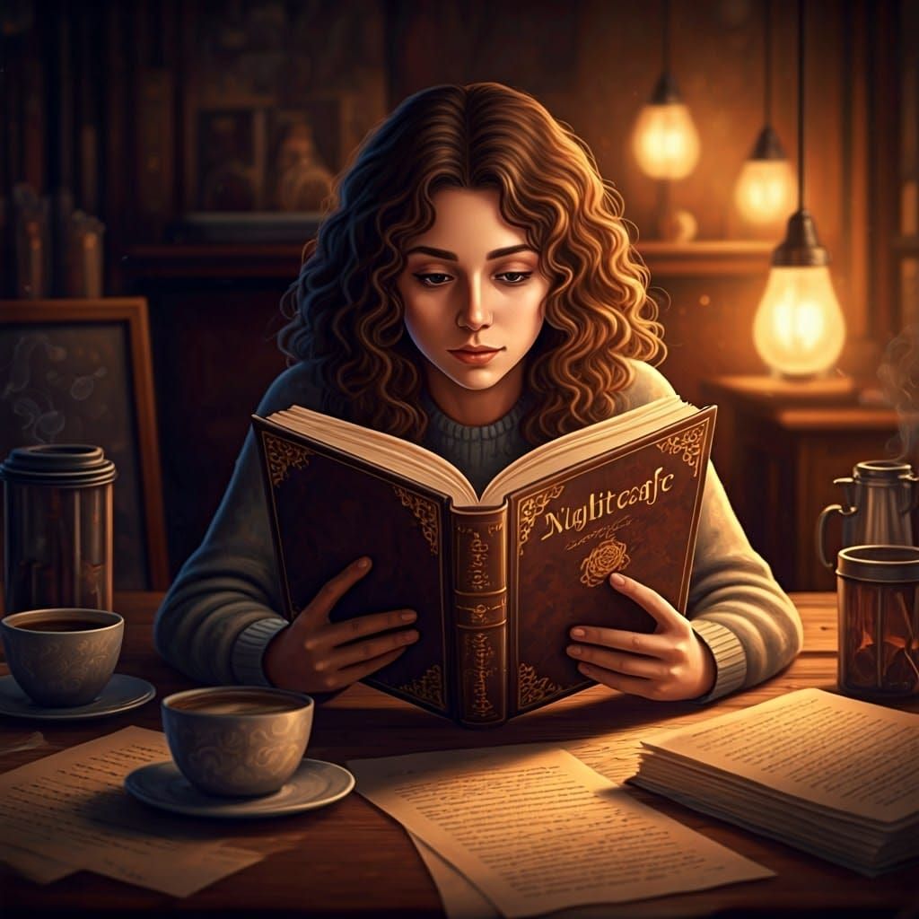 Woman Reading "Nightcafe" Book in Dreamy Lighting
