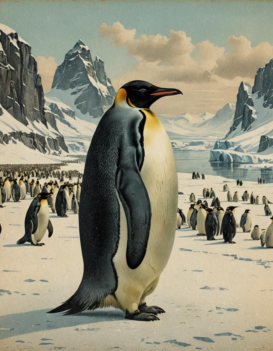 Emperor Penguin Vintage Postcard in Storybook Style