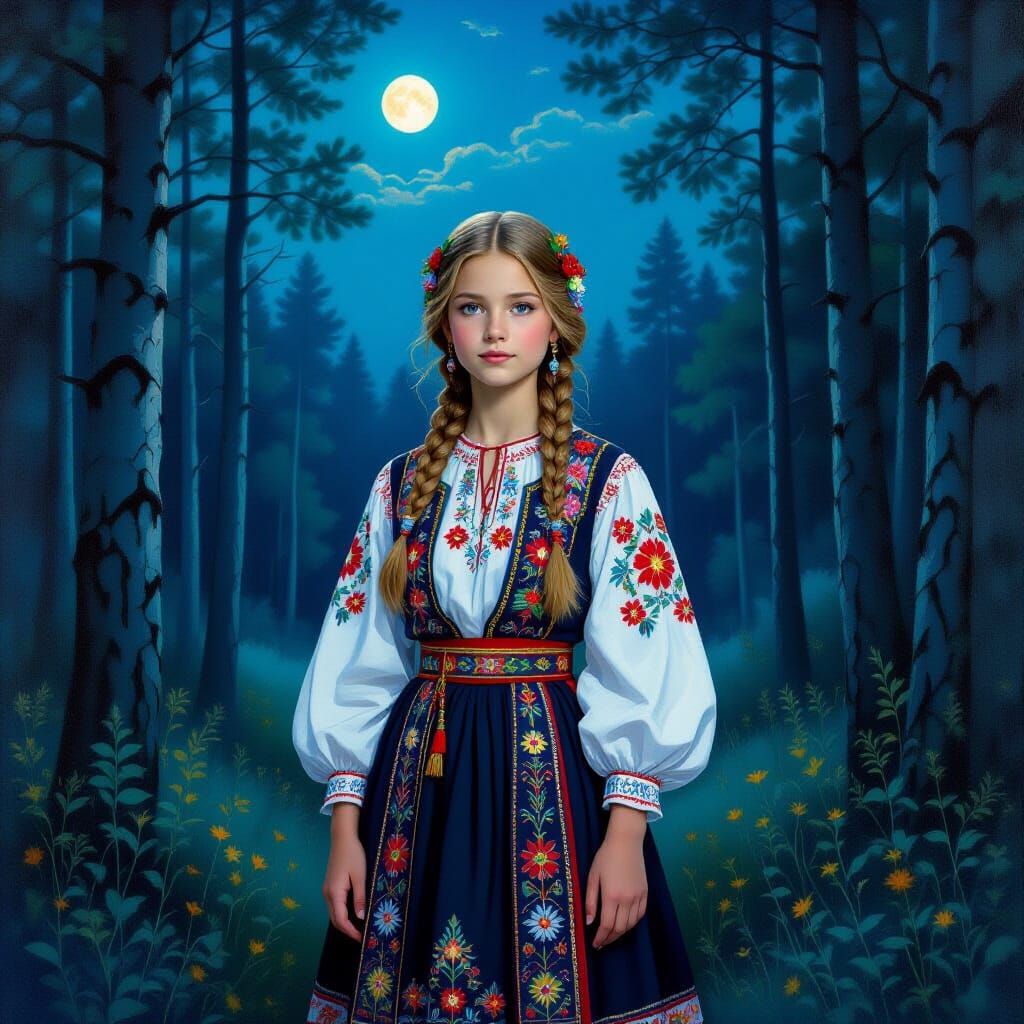 Ukrainian Girl in Forest, Classical Painting Style