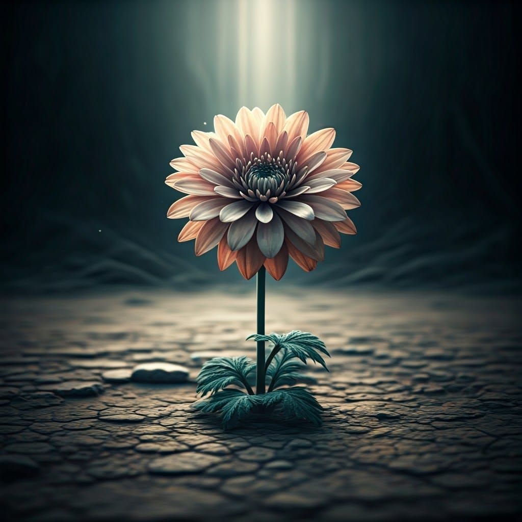 Lone Flower in Barren Landscape, Hyperrealistic HDR