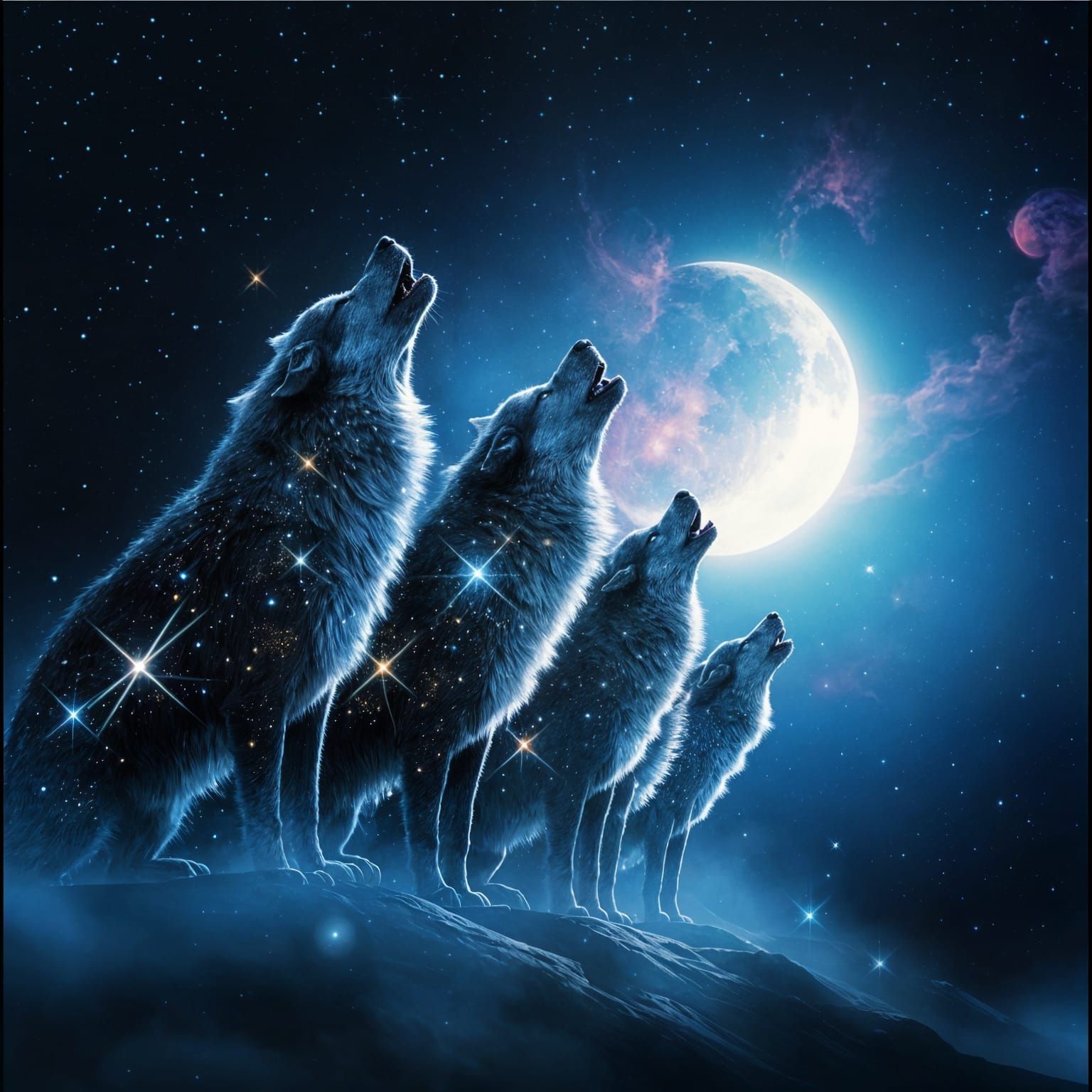 Celestial Wolf Pack Howling at Luminous Moon