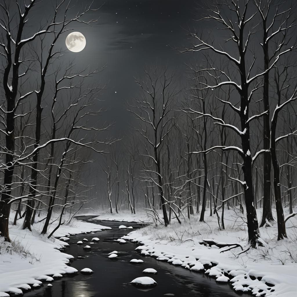 Dark Forest with Bare Trees and Snowy Ground