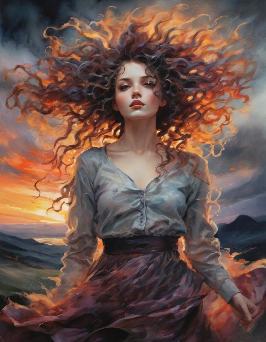 Gothic Woman in Windswept Landscape: Watercolor and Acrylic