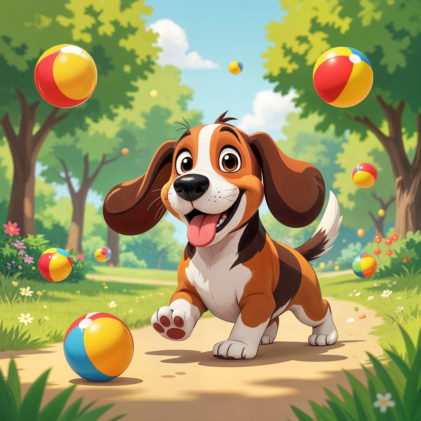Playful Basset Hound Chasing Balls in Cartoon Style