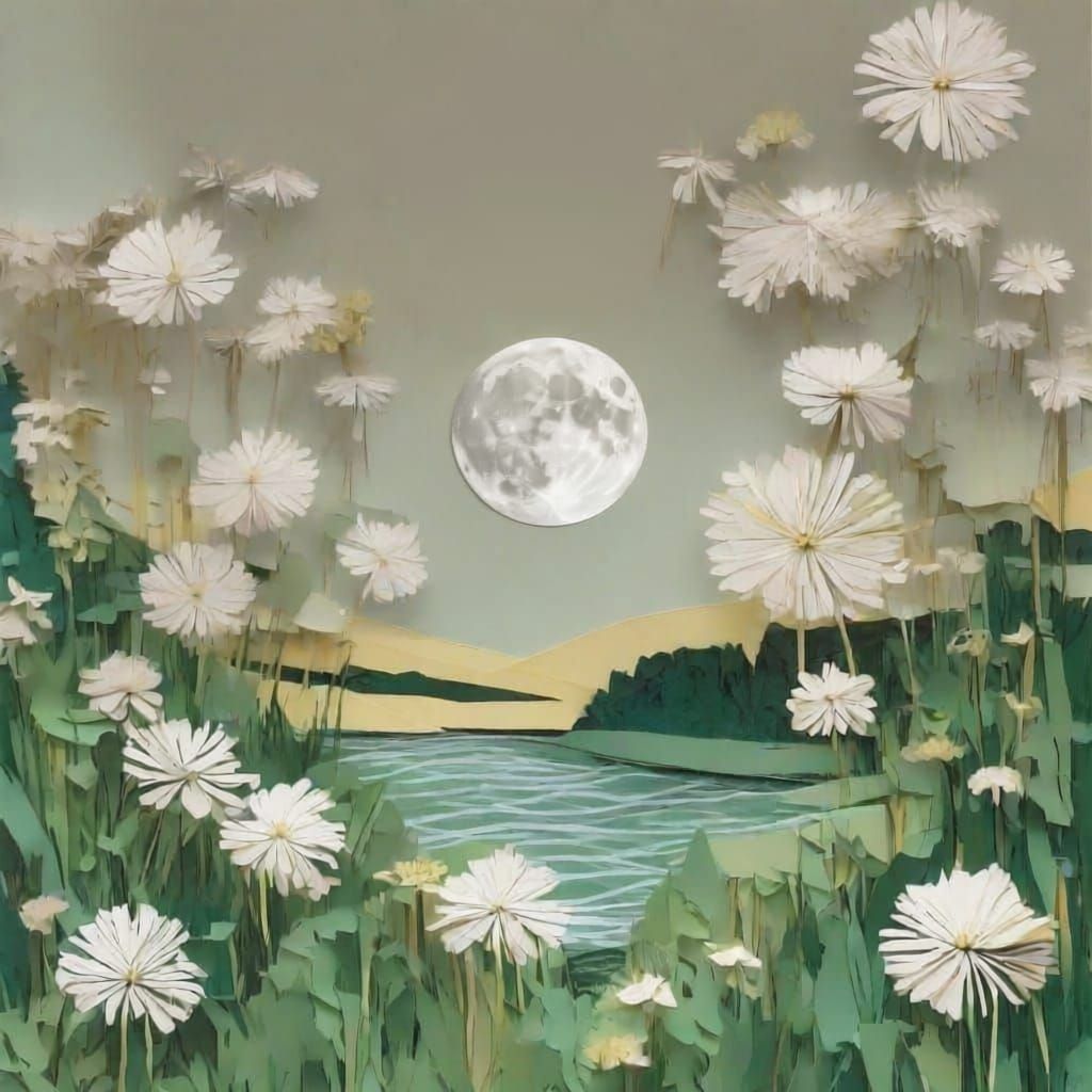 Dandelion Field in Japanese Paper Art Style