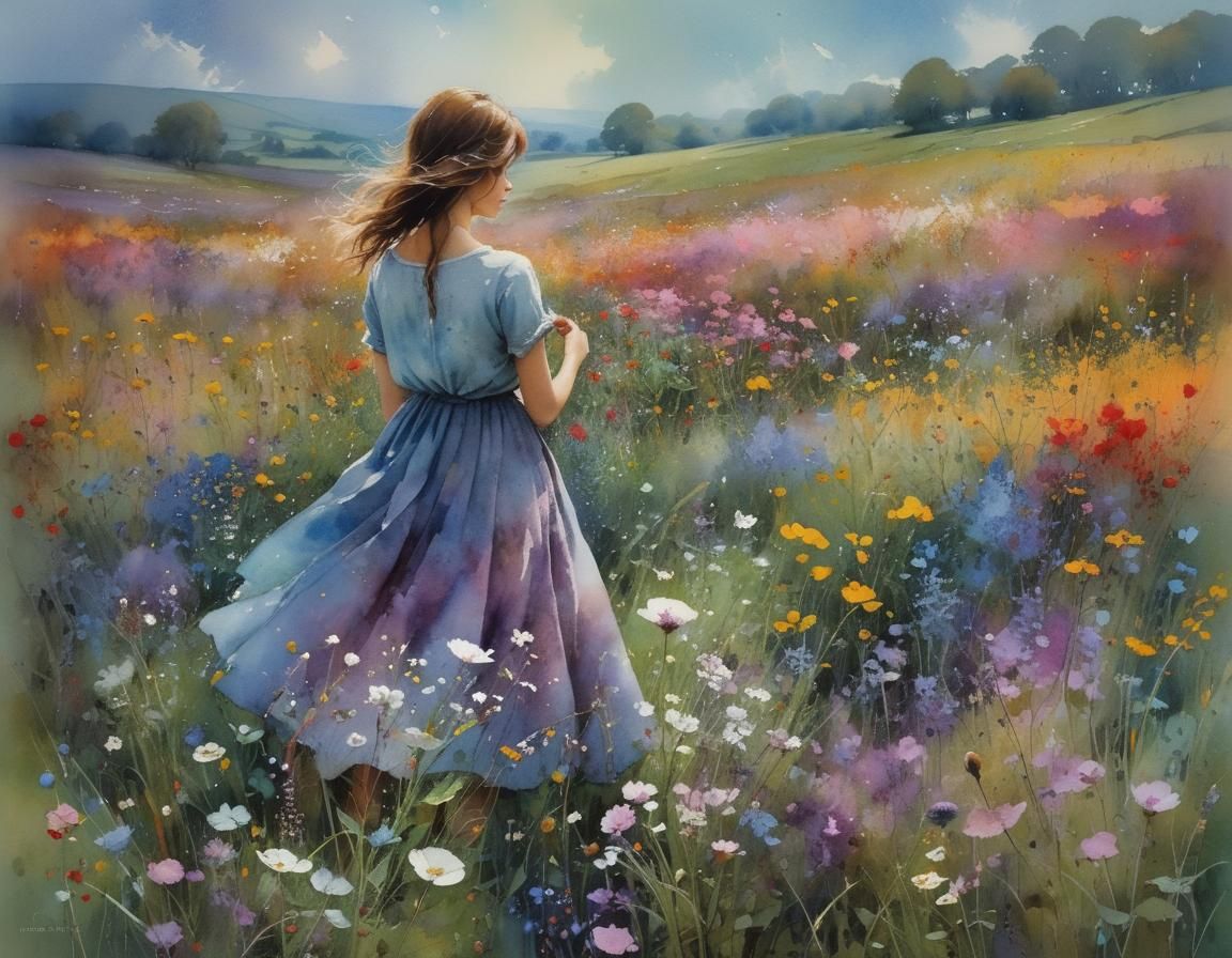 Girl in Blooming Flower Meadow, Watercolor Style
