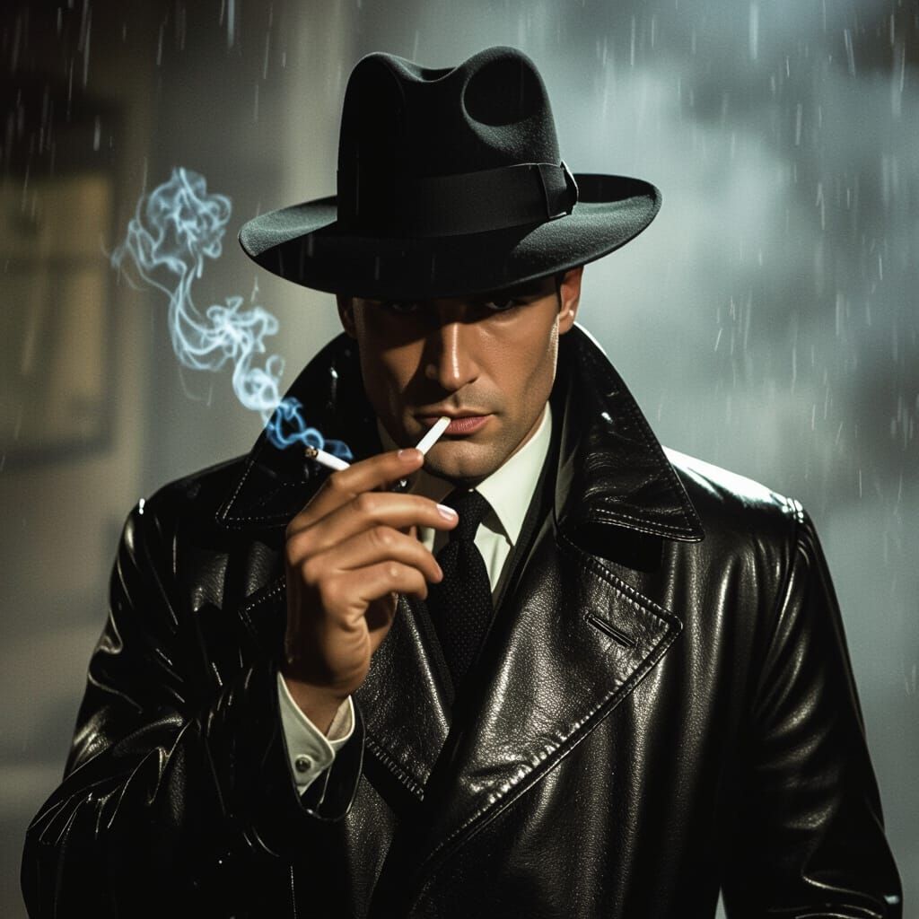 Man in Black Leather Raincoat, Film Noir Style