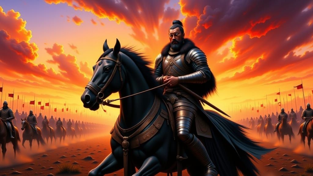 Genghis Khan on Horseback with Mongol Army at Sunset