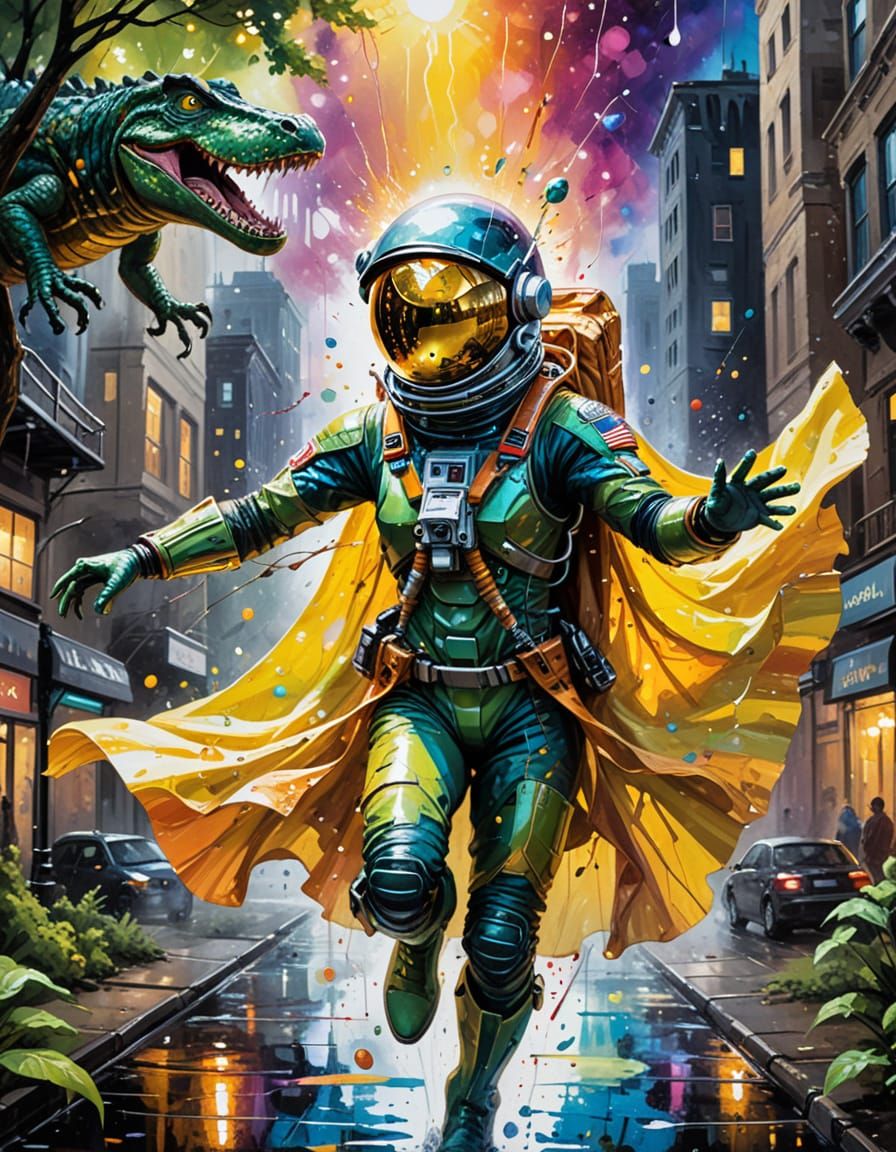 Funny Astronaut, Alien, & Crocodile Scenes in Vivid Oil Pain...