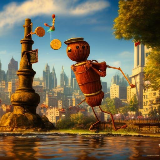 Straw Scarecrow Tossing Coin: Detailed Matte Painting
